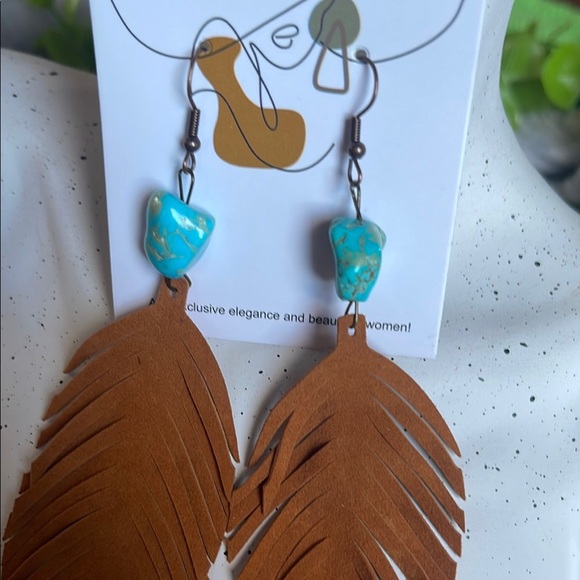 Brown Feather  Tan Suede Earrings with Turquoise Accents - Picture 3 of 6
